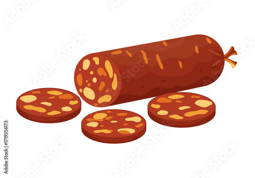 Salami log and slices redbrown sausage with yellow fat pieces