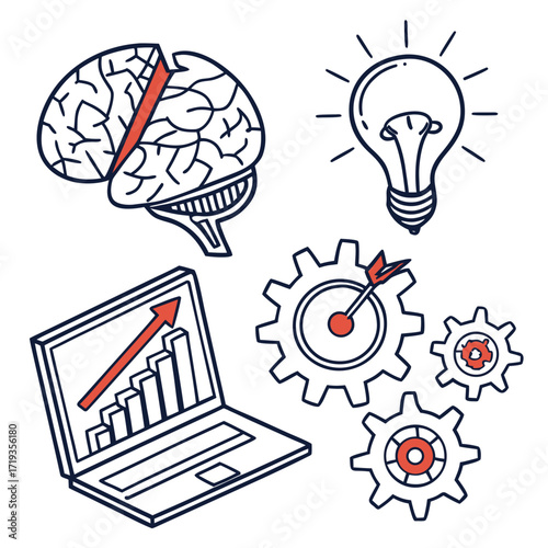 Vector art of illustration showcasing business ideas and concepts it includes a brain, light bulb, gears, and a laptop with a graph, symbolizing strategic thinking