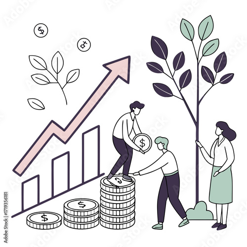 Vector art of investment and financial growth concept people planting a tree and stacking coins this illustration represents the idea of longterm wealth creation