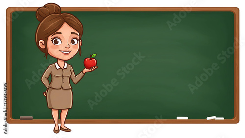 Illustration of  Teacher with Apple Beside Chalkboard – Transparent PNG