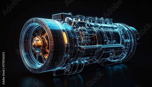 Luminous wireframe representation of a powerful future engine, displaying intricate mechanical design and advanced technology with glowing blue and orange energy fields