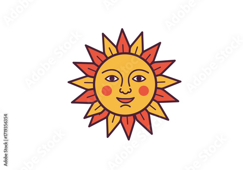 Smiling sun yellow face red cheeks outlined Petallike rays alternate redyellow Cartoon style