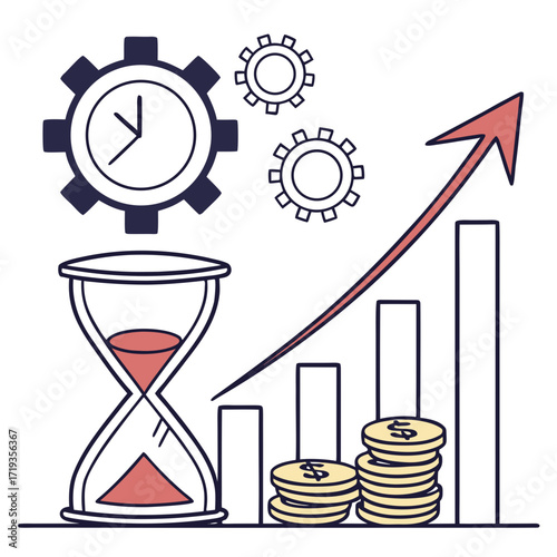 Vector art of time is money concept hourglass with gear and rising graph this illustration represents the idea of investing time wisely for financial growth