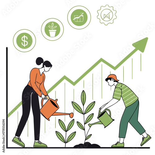 Vector art of two people watering plants on a rising arrow graph, symbolizing investment growth and financial success, depicts teamwork and prosperity