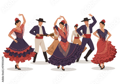 Several people dance in flamenco outfits while a man plays the guitar
