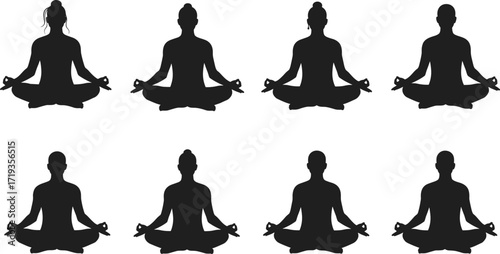 Silhouette meditation yoga poses collection with men and women sitting cross legged in lotus position practicing mindfulness relaxation exercise