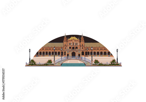 Spanish building with bridge plants and light posts