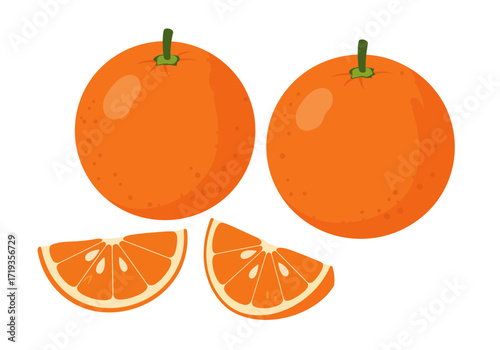 Two whole oranges and two orange slices on a white background