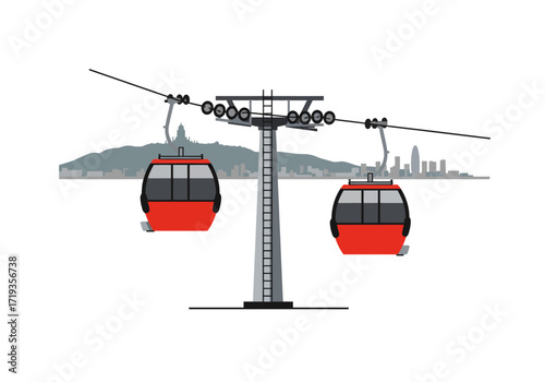 Two red cable cars hang from a support tower against a skyline backdrop