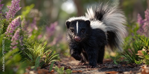 A black and white striped skunk is standing on the ground
