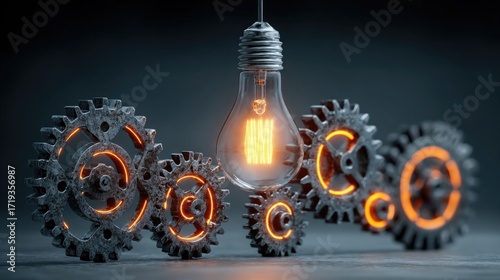Illustration of innovation gears and cogs with mechanical blueprint overlay, futuristic engineering concept, creative technology visualization, industrial design, smart machinery and automation theme.