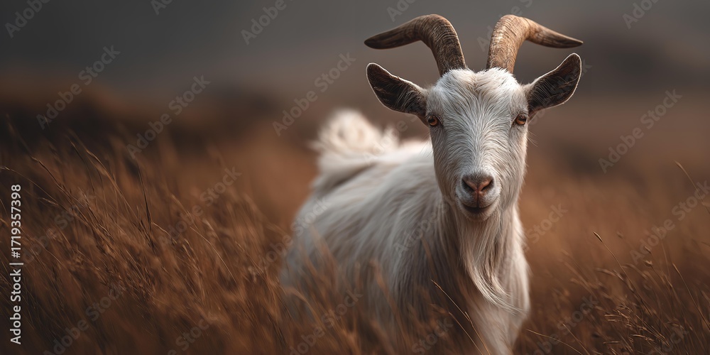 Obraz premium A goat is standing in a field of tall grass