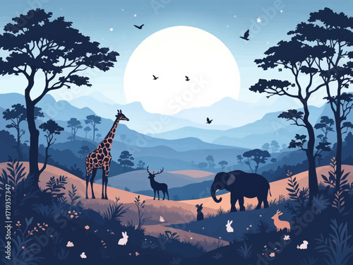Flat vector of wild animal silhouettes in moonlit forest hills with trees and plants for World Animal Day October 4