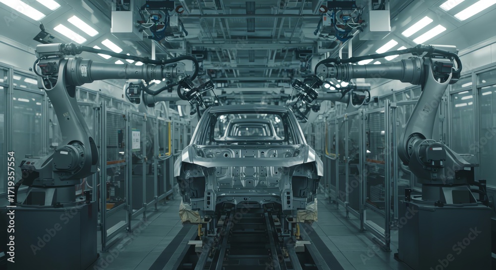 Fototapeta premium Automated Automotive Production Factory Industrial Robotics System