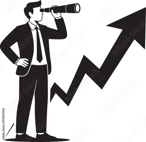 Business Visionary with Telescope Observing Growth Arrow on Transparent Backdrop Vector Illustration