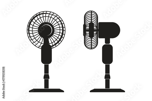 Vector illustration of electric standing fan in front and side view, isolated on white background. Simple household appliance silhouette design, perfect for cooling, home appliances and electronics.