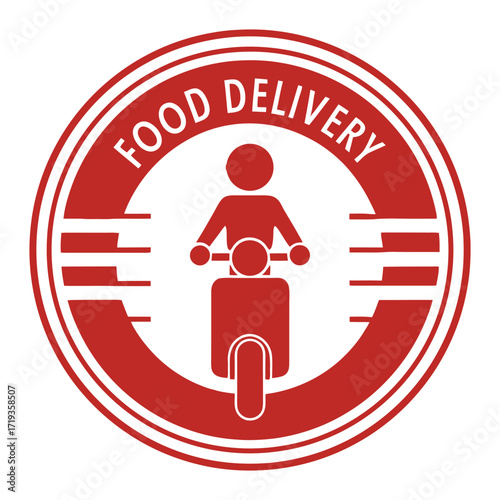 Red circular food delivery service icon with rider on scooter and text