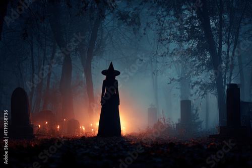 Wallpaper Mural Halloween witch standing in graveyard with tombstones at night, Halloween mystery concept Torontodigital.ca