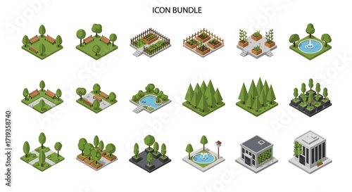 Isometric Park and City Landscape Icon Bundle Set.