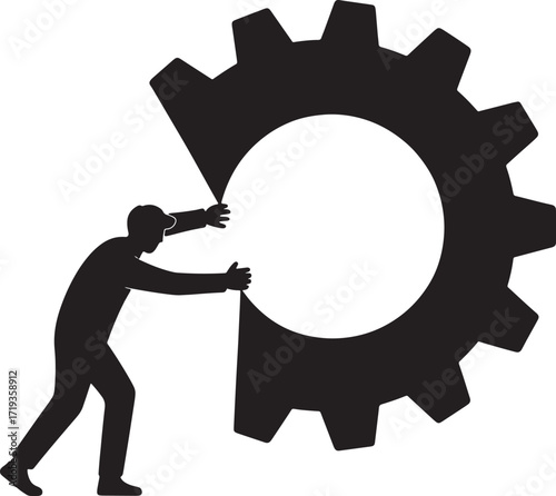 Silhouette of a Man Pushing a Large Gear on a Transparent Background Symbolizing Teamwork and Progress
