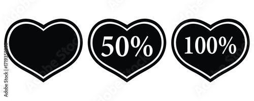 heart shapes showing 50%, and 100%. heart shape icon