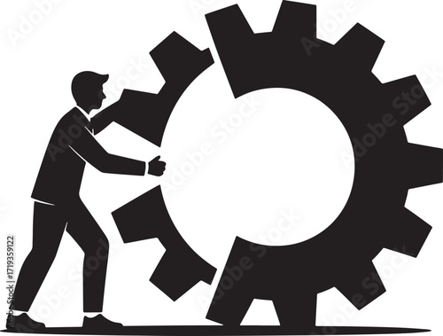 Business Man Pushing Gear for Teamwork and Collaboration in Achieving Company Objectives