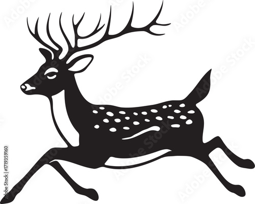 Leaping deer silhouette with antlers and spots