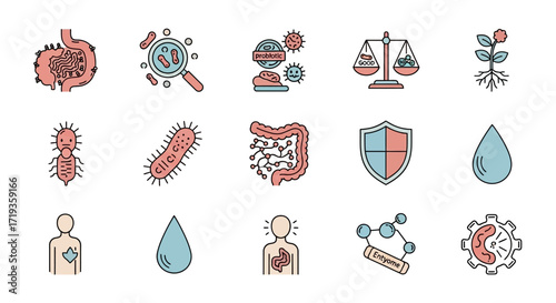 Microbiology and Human Health Icons Set.