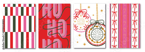 TRENDY CHRISTMAS POSTER SET WITH MODERN LETTERING, BOW AND MODERN PLAID PATTERN - TRENDY COQUETTE AND DOLCE VITA STYLE