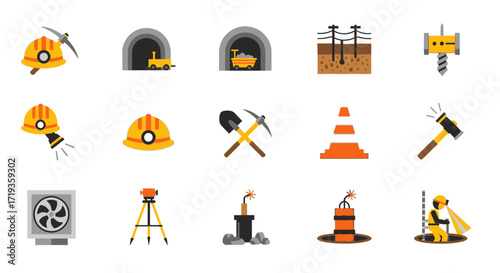 Mining and Construction Equipment and Tools Icons.
