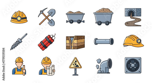 Mining and Coal Industry Hand Drawn Icon Set Collection.