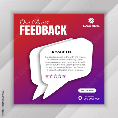 Customer feedback testimonial social media post template layout or web banner design, Client feedback review or client testimonial design, client testimonial comment or quote square design.