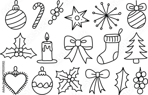 Christmas line art icons set, holiday symbols outline, festive decorations, black and white vector illustration, coloring page