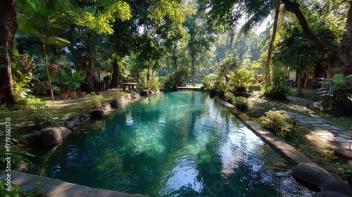 Serene turquoise pool reflects sun-dappled trees in a lush, green, tropical garden setting
