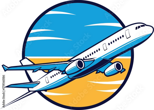 Vector art of airplane taking off into the sky with clouds and sun
