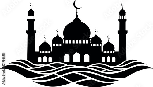Vector art of silhouette of a mosque with minarets and dome, surrounded by wavy water