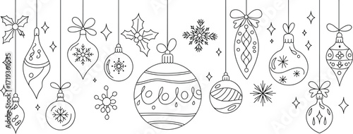 Hanging Christmas ornaments line art, festive holiday decorations, black and white outline, vector illustration, coloring page