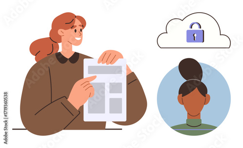 Woman reviewing a document, user profile with photo, and cloud storage with lock icon. Ideal for teamwork, privacy, security, data management, authentication digital identity education. Simple flat