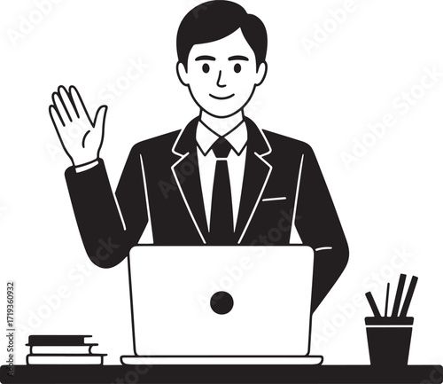 Professional Businessman Waving with Laptop on Desk Illustration for Business Communication