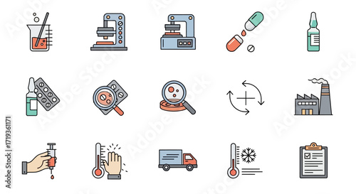 Pharmaceutical manufacturing process and quality control icons.