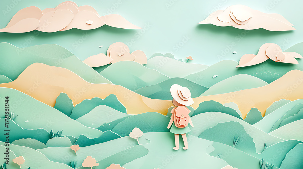 Fototapeta premium Journey through pastel paper hills a whimsical illustration of a solitary figure exploring a serene natural world, symbolizing quiet adventure and escapism