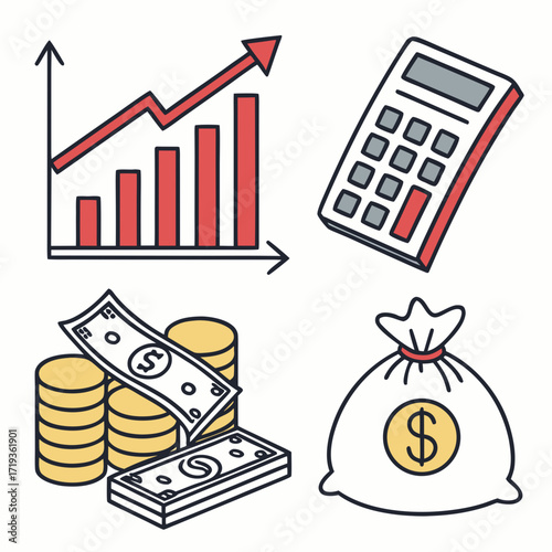 Financial growth and success represented by a bar graph calculator coins banknotes and a money bag