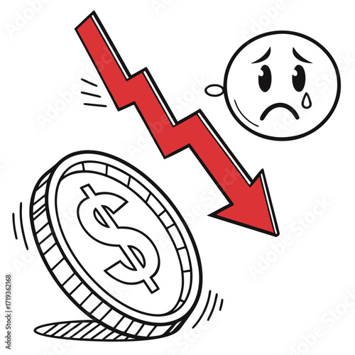 Sad dollar coin and downward red arrow illustrating financial decline and economic downturn