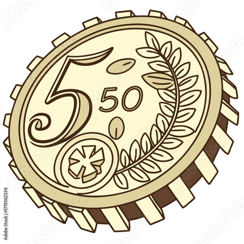 Stylized illustration of a fifty cent coin with a laurel wreath and a prominent number 5