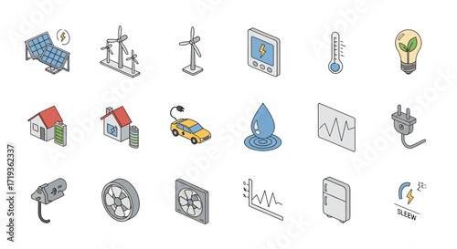 Renewable Green Energy and Smart Home Technology Isometric Icon Set.