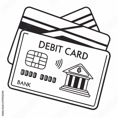 Stylized black and white illustration of a debit card with bank building and contactless payment symbol