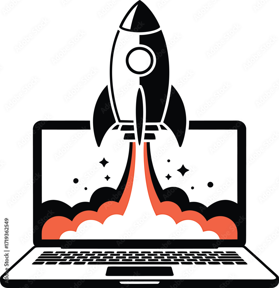 Fototapeta premium Laptop Rocket Launch Startup Business Concept with Clouds on Transparent Background Vector Image
