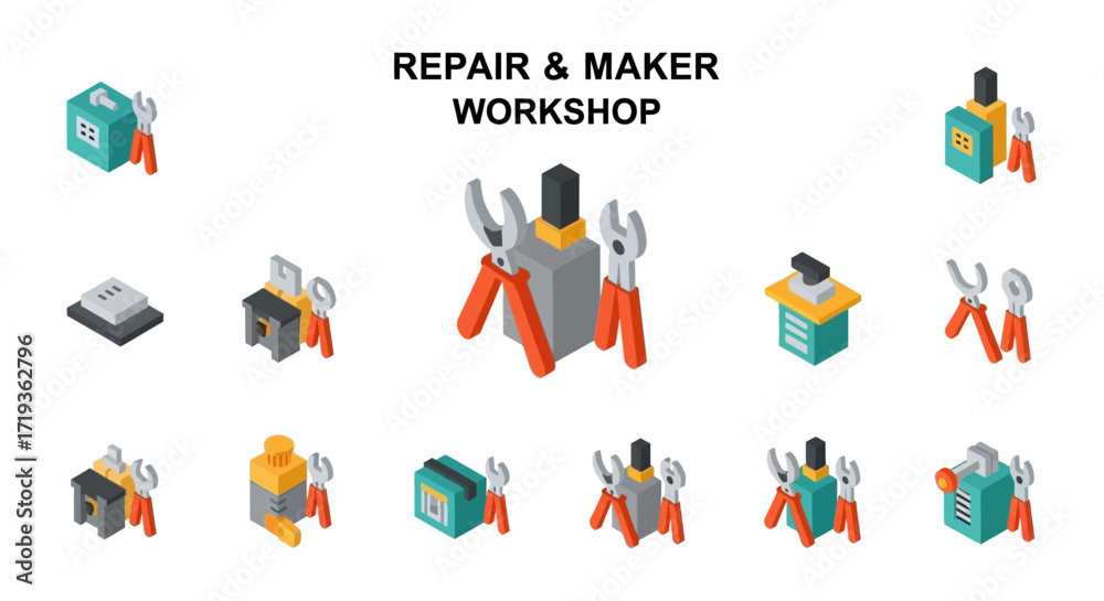 Fototapeta premium Repair and Maker Workshop Isometric Icons Set - Tools, Equipment, and Supplies for DIY Projects.