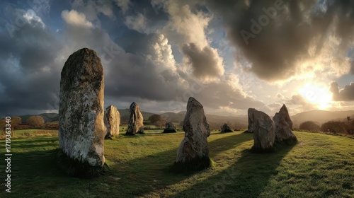 Stone Circle at Sunrise: A breathtaking panoramic shot of ancient standing stones against the backdrop of a vivid sunrise, casting long shadows and evoking a sense of history and mystery.