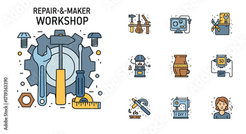 Repair and Maker Workshop Tools Line Icon Set.